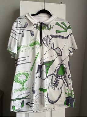 Men's White Golf Print Zip Polo Shirt